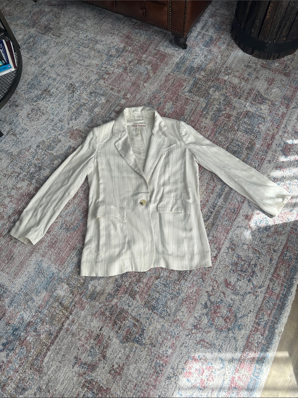 Free People Cream Linen Blend Pinstripe Single-Button Blazer